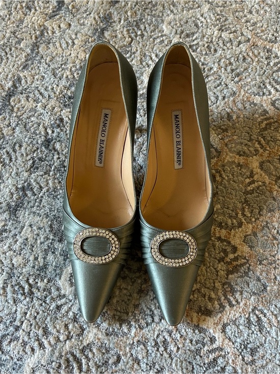 Manolo Blahnik Shoes - Manolo Blahnik Green Satin Pointed-Toe Pumps with Crystal Buckle